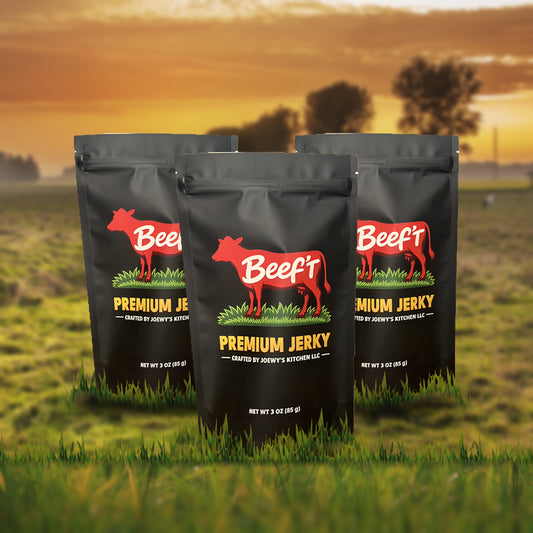Beef't Premium Jerky Starter 3-Pack, three bags standing in a farm pasture at sunset