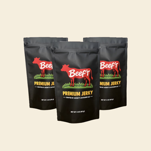 Three bags of Beef't Premium Jerky, the Starter 3-Pack, on a cream background