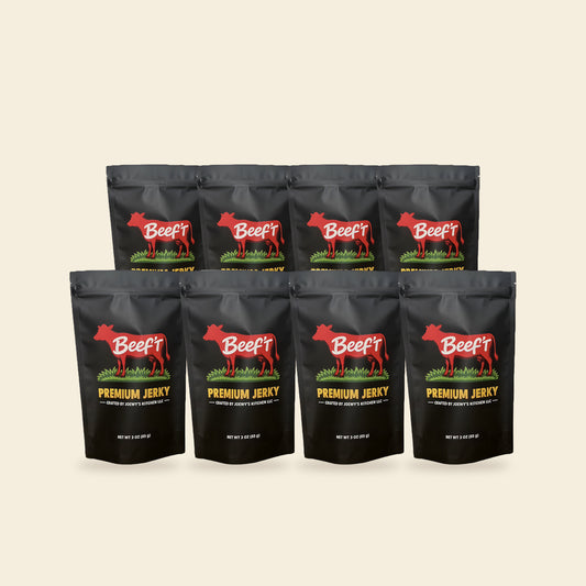 Eight bags of Beef't Premium Jerky, the Snack Stash 8-Pack, on a cream background