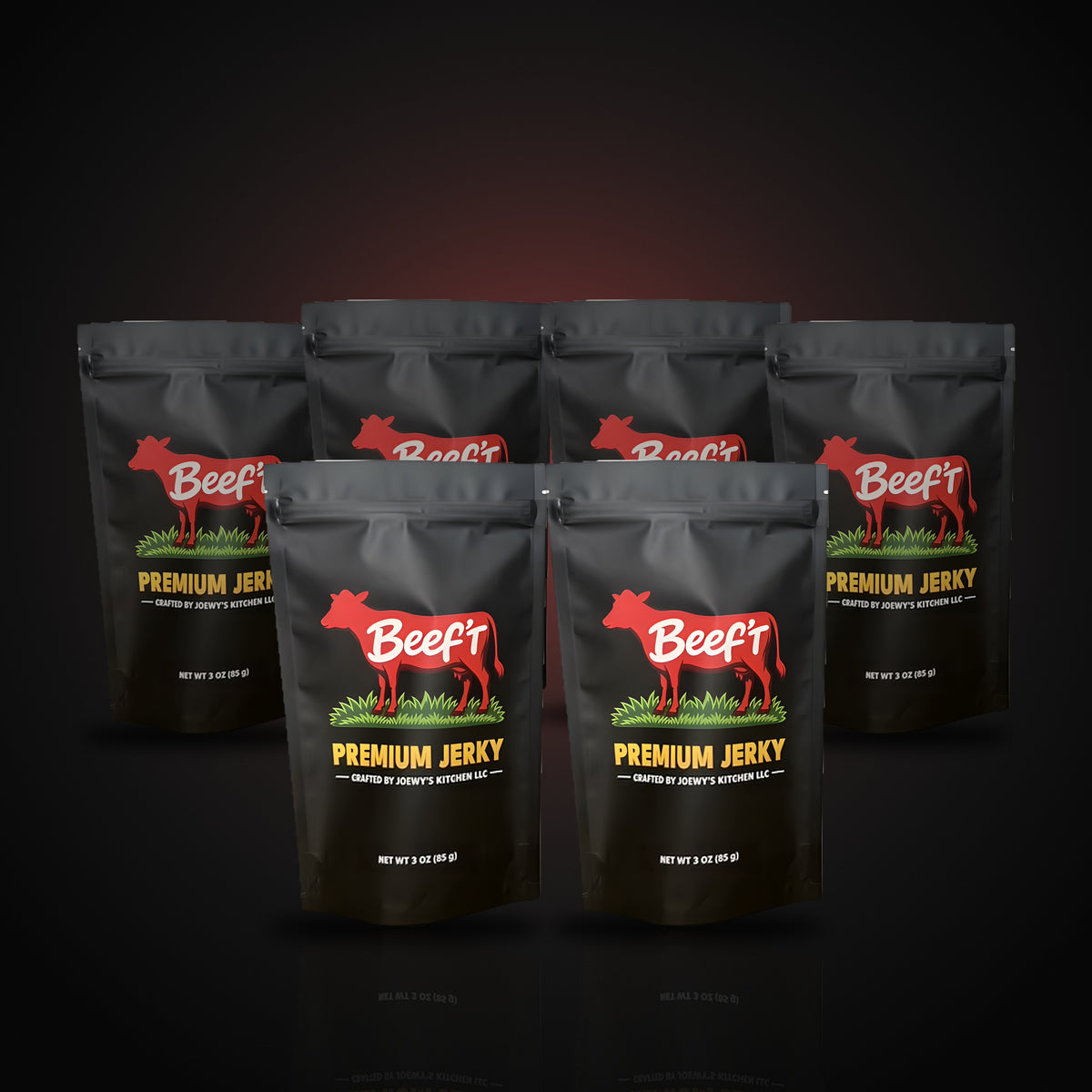 Six bags of Beef't Premium Jerky lined up on a dark background