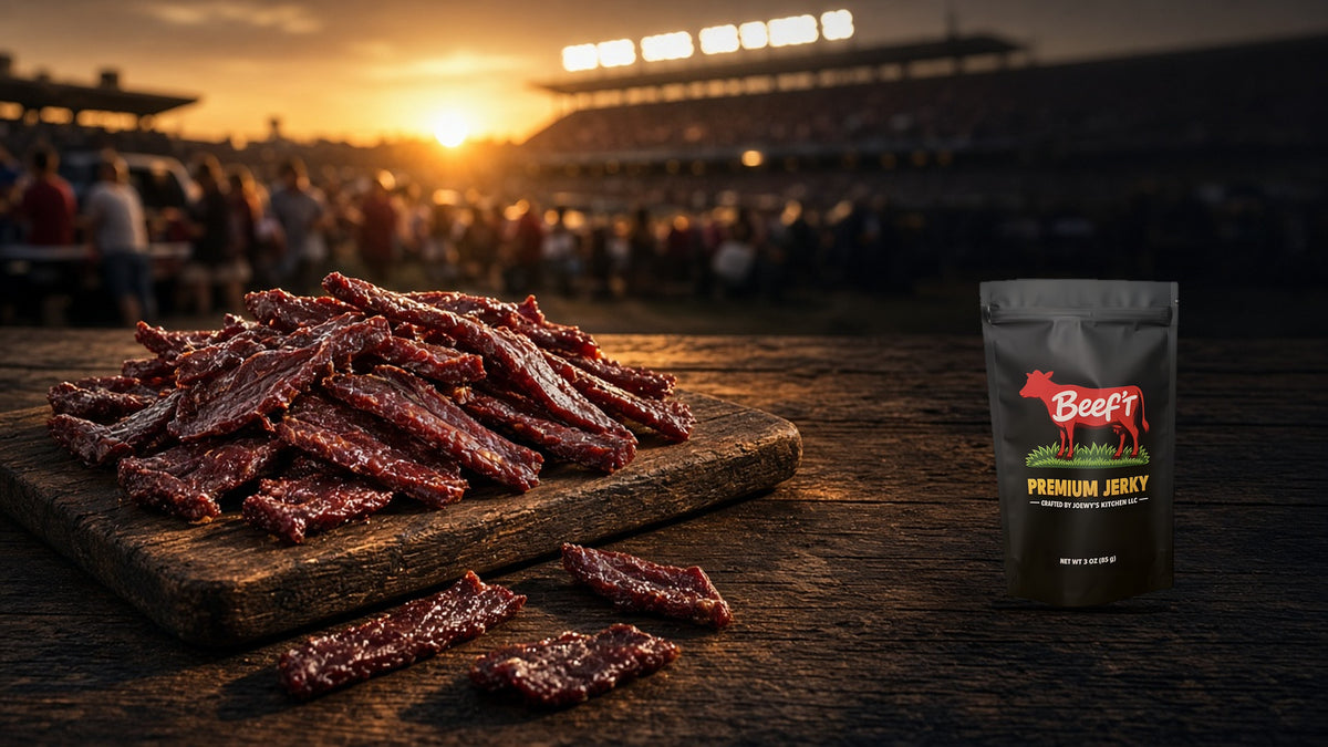 Beef't Premium Jerky 3 oz bag on a wooden table next to a board of beef jerky at sunset