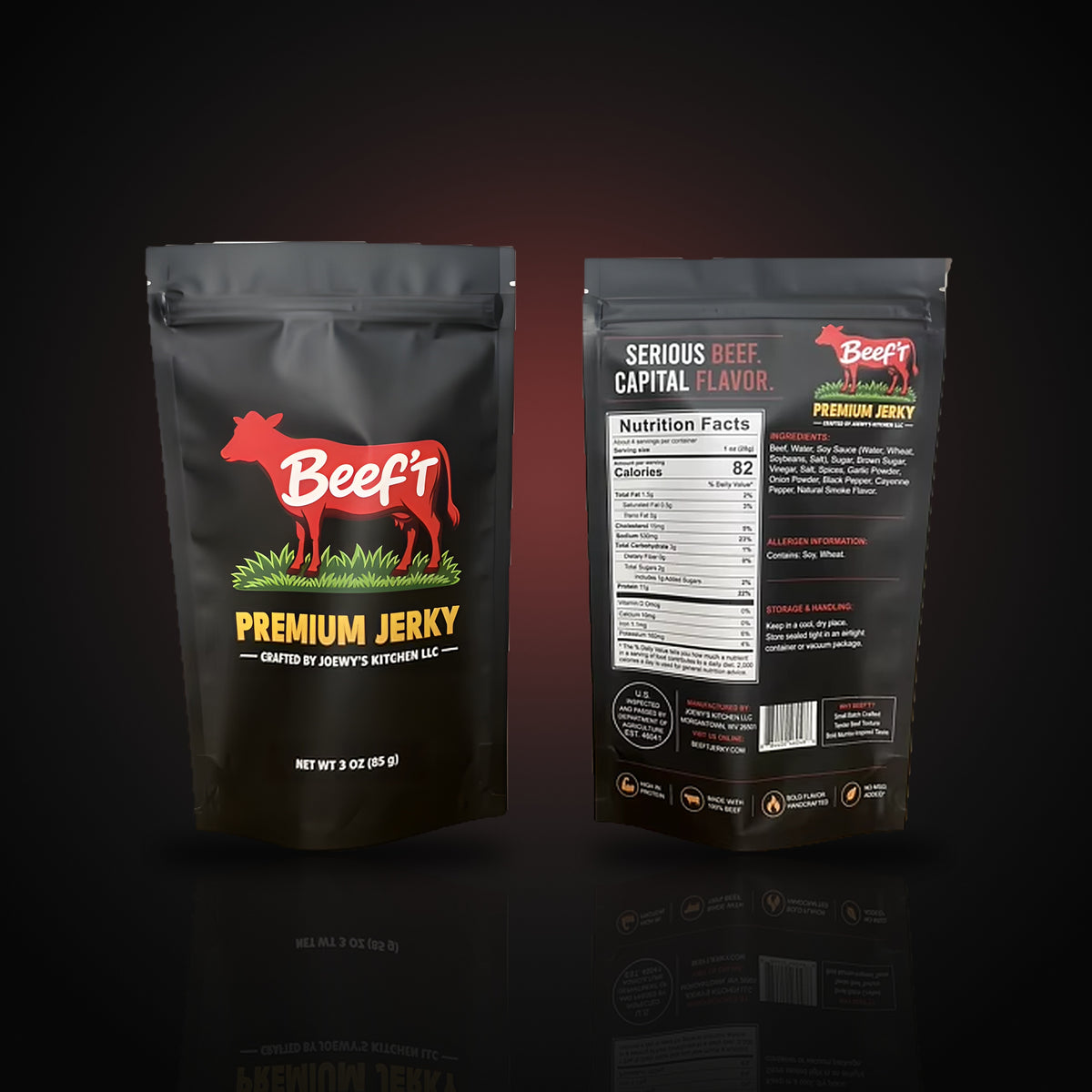 Front and back of the Beef't Premium Jerky bag, showing the logo and nutrition facts