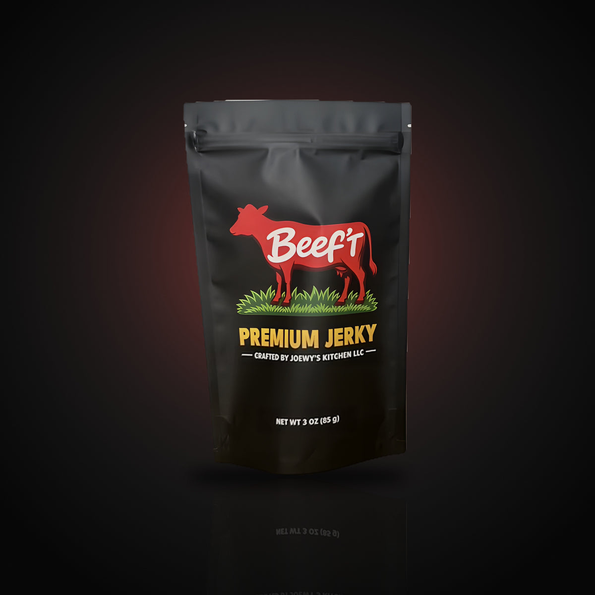 Beef't Premium Jerky 3 oz bag, front view, on a dark studio background