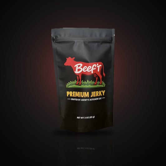 Beef't Premium Jerky 3 oz bag, front view, on a dark studio background