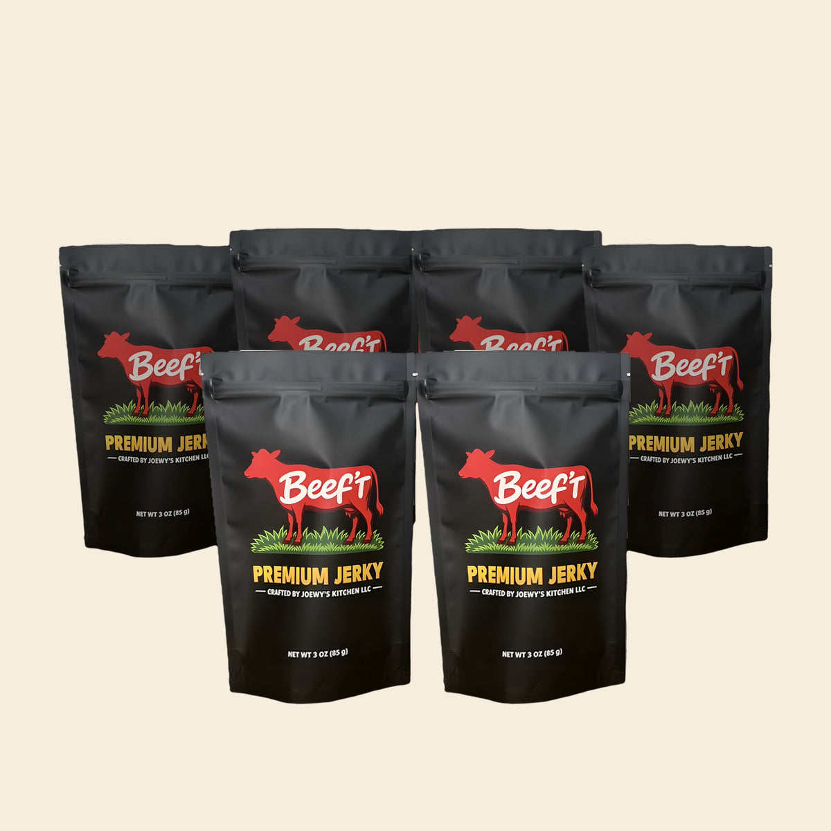 Six bags of Beef't Premium Jerky lined up on a cream background