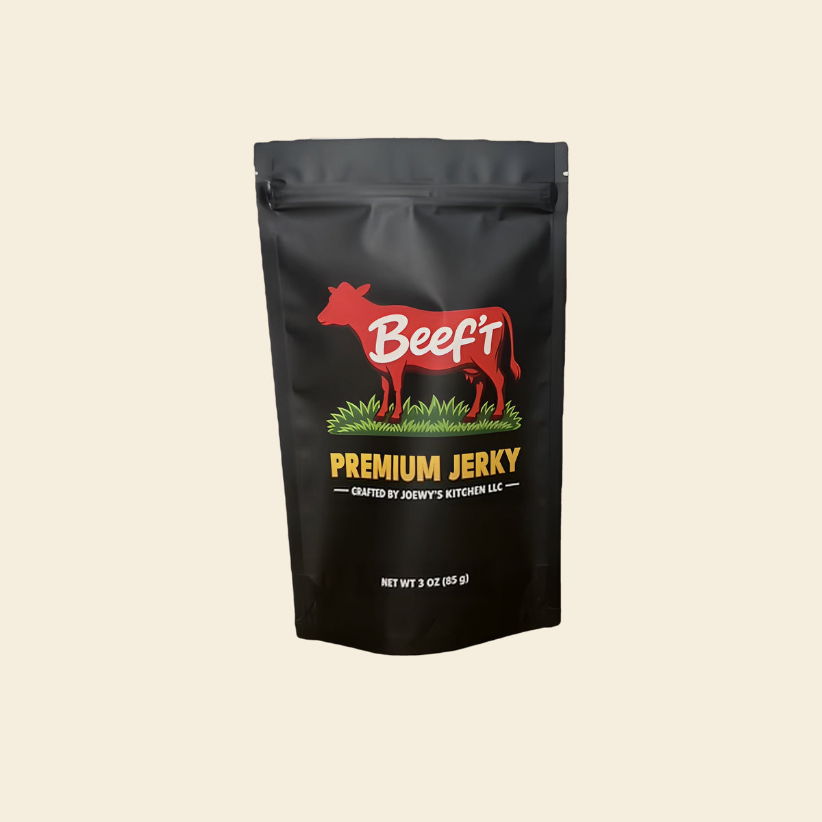 Beef't Premium Jerky 3 oz bag, front view, on a cream background