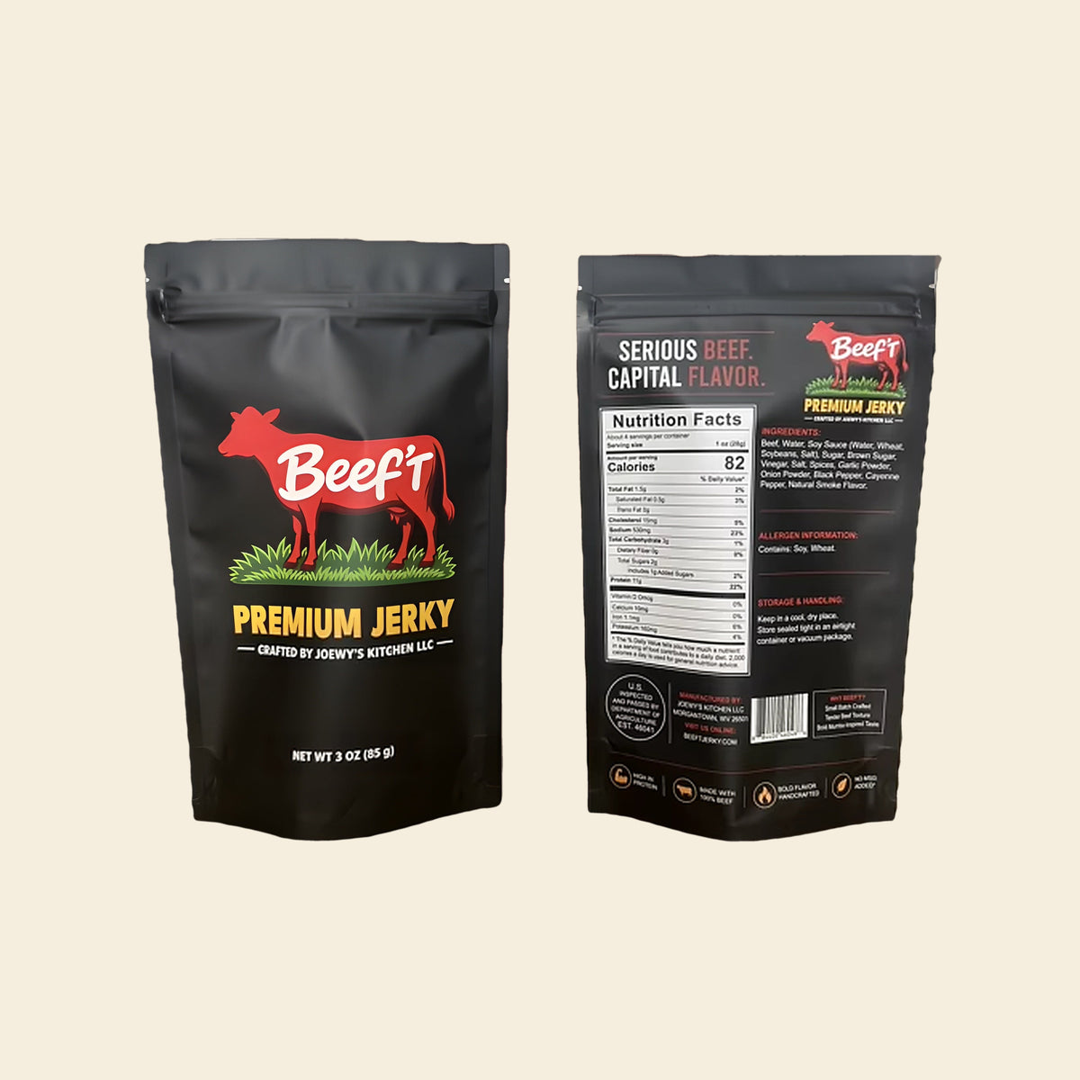 Front and back of the Beef't Premium Jerky bag on a cream background