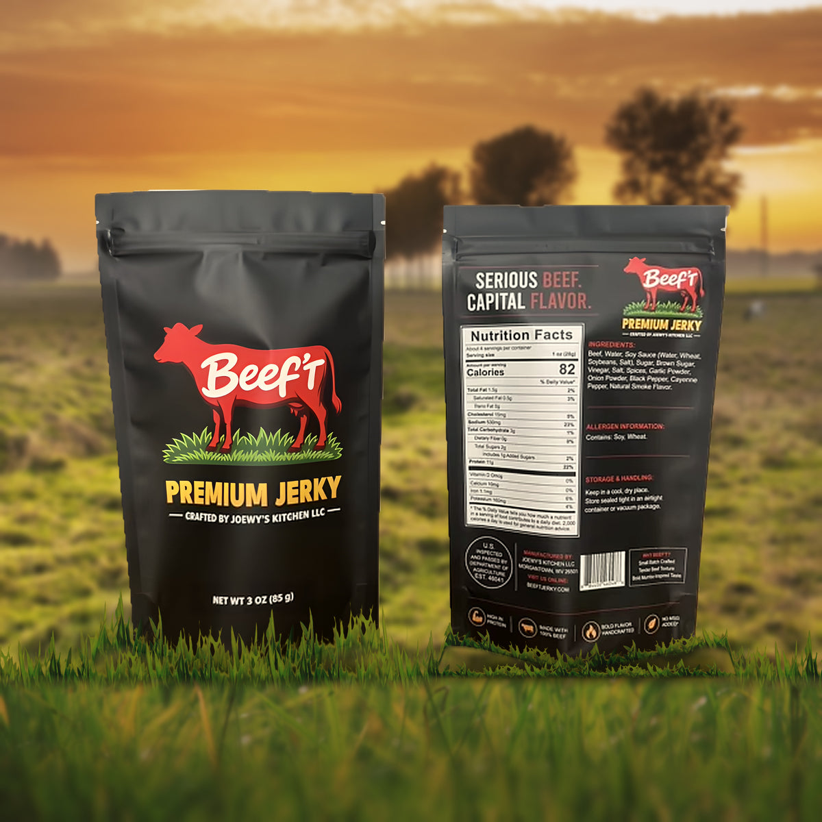 Front and back of the Beef't Premium Jerky bag in a farm pasture at sunset, showing the logo and nutrition facts