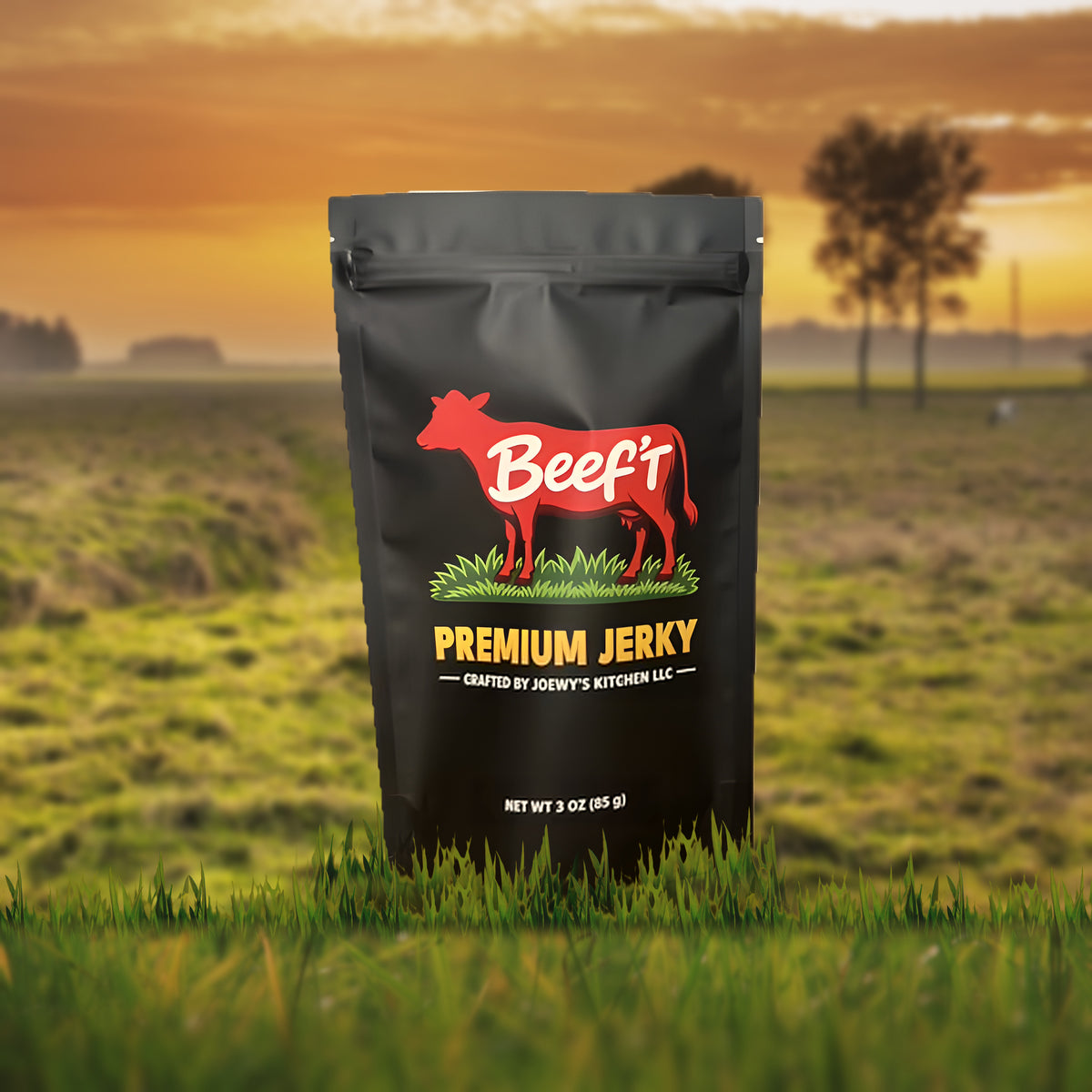 Beef't Premium Jerky 3 oz bag standing in a farm pasture at sunset