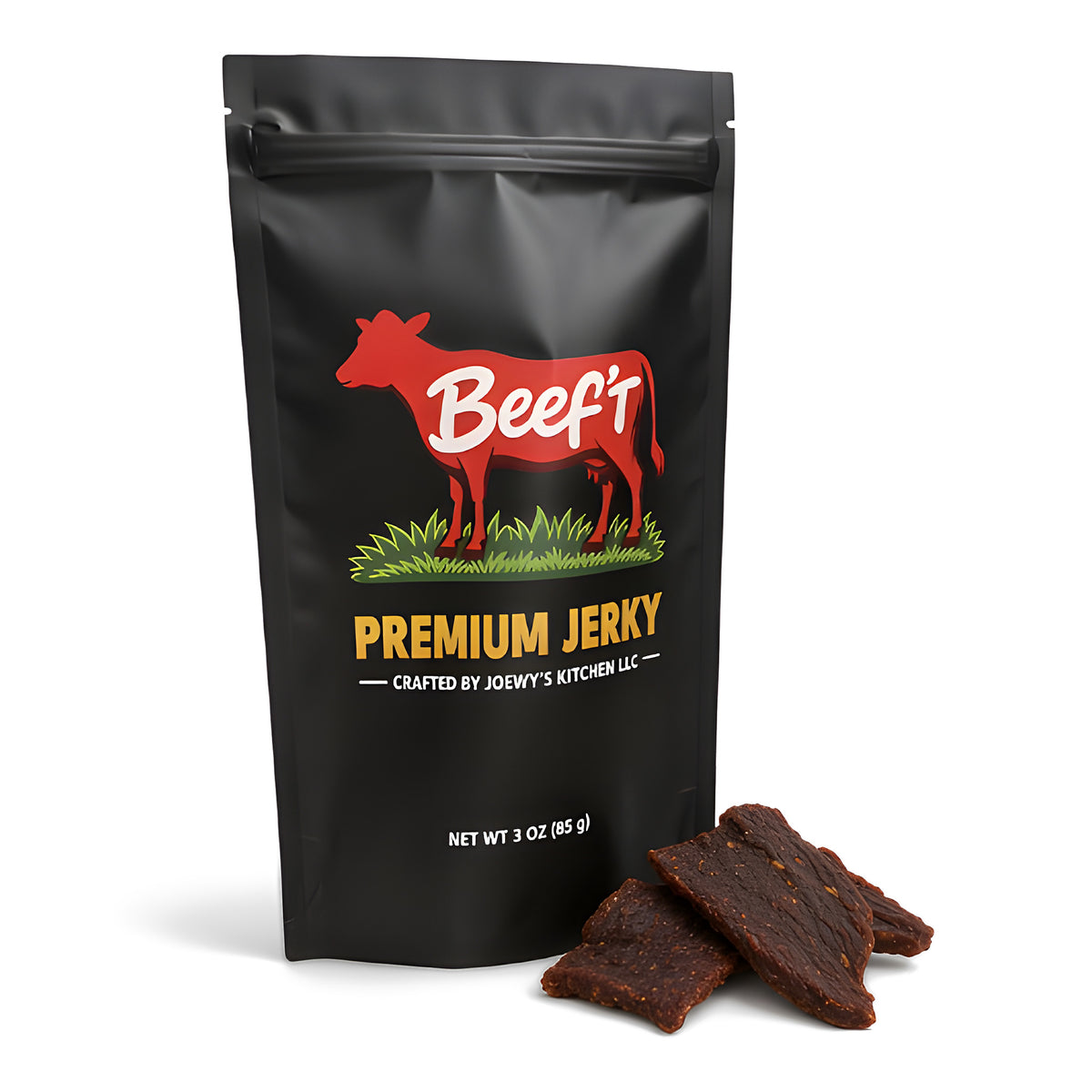 Beef't Premium Jerky single 3 oz bag with jerky pieces on a white background
