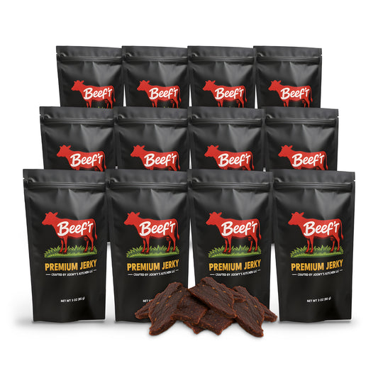 Beef't Premium Jerky Whole Herd 12-Pack, 12 bags with jerky pieces on a white background