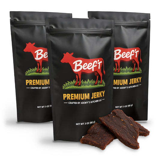 Beef't Premium Jerky Starter 3-Pack, 3 bags with jerky pieces on a white background