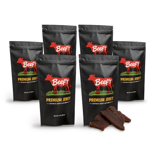 Beef't Premium Jerky Crowd Pleaser 6-Pack, 6 bags with jerky pieces on a white background