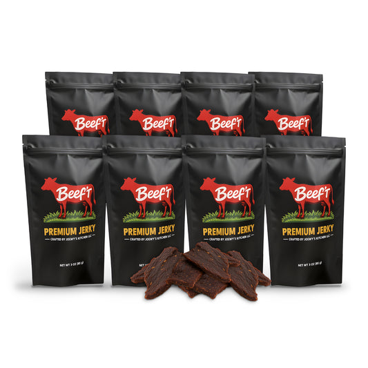 Beef't Premium Jerky Snack Stash 8-Pack, 8 bags with jerky pieces on a white background